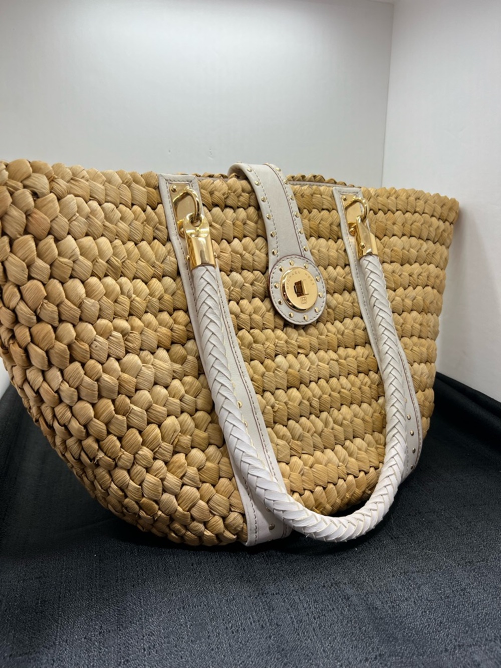 Michael Kors Santorini Woven Straw Tote Ivory Leather Trim Large Bag - Picture 2 of 11